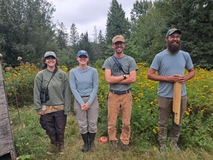Owl Bander Holly - Banding Apprentices Taylor and Peter - Lead Bander Tim Aug 2026 Owl Bander Holly - Banding Apprentices Taylor and Peter - Lead Bander Tim Aug 2026