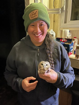 Trainee Loreen with Northern Saw-whet Owl Trainee Loreen with Northern Saw-whet Owl